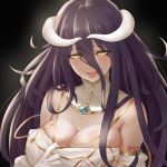  albedo ayu_(p1314_win) bangs bare_shoulders beckoning black_background black_hair breasts cleavage collarbone demon_girl demon_horns detached_collar dress dress_pull elbow_gloves eyebrows_visible_through_hair eyes_visible_through_hair gloves hair_between_eyes highres horns invitation large_breasts long_hair looking_at_viewer naughty_face no_bra overlord_(maruyama) simple_background slit_pupils solo tongue tongue_out white_dress white_gloves white_horns yellow_eyes 