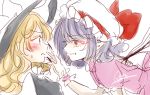  bat_wings black_hat blush face-to-face fang from_side hat hat_ribbon kirisame_marisa long_hair looking_at_another medium_hair mob_cap multiple_girls open_mouth pointy_ears red_ribbon remilia_scarlet ribbon signature sketch smile souta_(karasu_no_ouchi) sweat touhou upper_body white_background wings wrist_cuffs yuri 