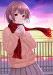  blurry blurry_background brown_coat brown_eyes brown_hair chain-link_fence coat drink fence highres looking_at_viewer original outdoors plaid plaid_scarf pleated_skirt purple_sky red_scarf scarf short_hair skirt standing telaform twilight visible_air 