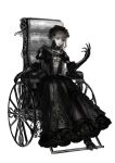  black_dress black_gloves dress fantasy full_body gauntlets gloves green_eyes looking_at_viewer reishiza short_hair sitting solo spot_color under_power_motors wheelchair 