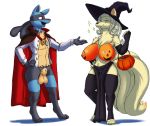  2018 absurd_res animal_genitalia anthro anthrofied armwear athletic balls big_breasts bill_(skybluefox) blonde_hair blue_fur bottomless breasts canine cape cladz cloak clothed clothing costume deadpliss digitigrade dipstick_tail duo elbow_gloves eyes_closed fan_character female fully_sheathed fur gloves hair halloween happy hat hi_res holidays huge_breasts jack-o&#039;-lantern jewelry legwear loincloth lucario magic_user male mammal multi_tail multicolored_tail necklace ninetales nintendo open_mouth pok&eacute;mon pok&eacute;mon_(species) pok&eacute;morph ponytail red_eyes rose_(skybluefox) sheath shirt standing stockings topless tuft vampire video_games voluptuous witch witch_hat yellow_fur 