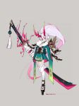  2018 absurdres artist_request bandages character_request eyebrows_visible_through_hair eyeliner fire fur_trim glowing glowing_eyes grey_background highres holding holding_weapon horns katana lipstick long_hair makeup oni onmyoji pauldrons pink_hair ponytail signature simple_background solo standing sword thighhighs weapon yellow_eyes youtouhime 