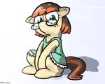  big_eyes brown_hair brown_tail clothing earth_pony equine eyelashes eyewear female feral freckles glasses green_eyes hair hooves horse mammal multicolored_hair my_little_pony orange_hair orange_tail pokehidden pony simple_background sitting solo toony two_tone_hair two_tone_tail white_background 