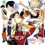  all_might angry antenna_hair bad_id bad_pixiv_id bakugou_katsuki black_hair black_shirt blonde_hair blue_pants boku_no_hero_academia brown_hair cape explosion glasses green_hair highres iida_tenya messy_hair middle_finger midoriya_izuku multiple_boys muscle orange_pants pants pointing pointing_up shirt sound_effects speech_bubble sweatdrop tank_top translation_request v yagiushi_(sinnpatilove) 