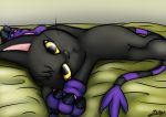  ambiguous_gender bed black_fur blackgatomon claws clothing digimon digimon_(species) ear_tuft feline feral fur gloves looking_at_viewer lying mammal milesnukem on_back on_bed solo tail_tuft tuft whiskers yellow_eyes 