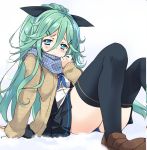  3: bangs black_legwear black_ribbon black_serafuku black_skirt blue_neckwear blue_panties blue_scarf blush brown_footwear closed_mouth commentary_request green_eyes green_hair hair_between_eyes hair_ornament hair_ribbon hairclip jacket kantai_collection loafers long_hair long_sleeves looking_at_viewer malino_(dream_maker) neckerchief panties parted_bangs pleated_skirt ponytail ribbon scarf school_uniform serafuku shoes simple_background sitting skirt snow solo thighhighs underwear white_background yamakaze_(kantai_collection) 