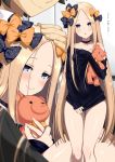  1girl abigail_williams_(fate/grand_order) ass_visible_through_thighs bangs bare_shoulders black_bow black_shirt blonde_hair blue_eyes blush bottomless bow breasts choker closed_mouth clothes_tug collarbone fate/grand_order fate_(series) forehead fujimaru_ritsuka_(male) hair_bow highres hips holding holding_stuffed_animal jewel_(the_black_canvas) long_hair long_sleeves looking_at_viewer naked_sweater off-shoulder_shirt open_mouth orange_bow parted_bangs petting polka_dot polka_dot_bow shirt shirt_pull sleeves_past_fingers sleeves_past_wrists small_breasts smile solo_focus stuffed_animal stuffed_toy sweater sweater_tug teddy_bear thighs translated very_long_hair 