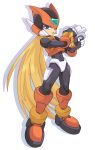  absurdres android black_eyes blonde_hair commentary_request full_body gun helmet highres holding holding_weapon long_hair male_focus omeehayo rockman rockman_zero simple_background solo standing very_long_hair weapon white_background zero_(rockman) 