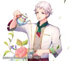  :d company_name cup earrings flower green_neckwear icchi_banketsu jewelry looking_at_viewer momoshiki_tsubaki official_art open_mouth pouring red_eyes simple_background smile tea teacup teapot upper_body watermark web_address white_background white_hair 