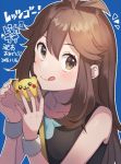  :q blue_(pokemon) blue_background brown_eyes brown_hair closed_mouth commentary dated gen_1_pokemon long_hair pikachu pokemon pokemon_(game) pokemon_lgpe simple_background sleeveless solo tongue tongue_out unapoppo wristband 
