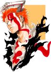  aridou black_sclera bleach highres hollow horn kurosaki_ichigo male_focus orange_hair solo tattoo torn_clothes 