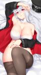  azur_lane black_legwear breasts cleavage collarbone commentary_request eyebrows_visible_through_hair graf_zeppelin_(azur_lane) grey_hair hat hat_removed headwear_removed jewelry large_breasts long_hair long_sleeves looking_at_viewer lying no_panties on_back pantyhose red_eyes ring solo user_jgpt8385 