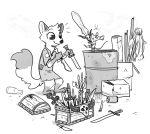  2018 anthro barrel bottle box canine clothed clothing dipstick_tail disney dual_wielding duo fan_character female fox fuel_(artist) gloves_(marking) greyscale holding_object holding_weapon knife mammal markings melody_micely_(zootopia) monochrome mouse multicolored_tail rodent rosie_(zootopia) socks_(marking) standing weapon zootopia 