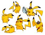  2018 beffalumps black_eyes deerstalker_hat detective_pikachu dipstick_ears hat holding_object magnifying_glass multiple_scenes nintendo one_eye_closed open_mouth open_smile pikachu pointing pok&eacute;mon pok&eacute;mon:_detective_pikachu pok&eacute;mon_(species) pose red_cheeks simple_background smile solo sparkle toony video_games white_background wink yellow_body 