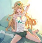  arm_up armpits bangs barefoot bed blonde_hair breasts cleavage commentary_request gem headpiece highres hikari_(xenoblade_2) kiiro_kimi large_breasts long_hair one_eye_closed shorts solo swept_bangs tank_top tiara xenoblade_(series) xenoblade_2 yellow_eyes 