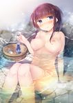  alcohol bath blue_eyes blush breasts brown_hair bucket choko_(cup) commentary_request cup drinking hirari large_breasts legs long_hair midriff new_game! nipples nude onsen ponytail rock sake sitting smile takimoto_hifumi tokkuri water wet wooden_bucket 
