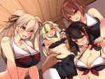  4girls :d adapted_costume admiral_(kantai_collection) bangs black_shirt black_skirt blonde_hair blush breasts brown_hair cleavage commentary_request crop_top dutch_angle furrowed_eyebrows hair_ornament hairband hands_on_another's_shoulders highleg highleg_panties highres indoors kantai_collection large_breasts long_hair long_neck long_sleeves looking_at_viewer miniskirt multiple_girls murasame_(kantai_collection) navel neckerchief open_clothes open_mouth open_skirt panties perky_breasts pleated_skirt pov pov_hands red_neckwear sailor_collar school_uniform serafuku shigure_(kantai_collection) shiratsuyu_(kantai_collection) shirt skirt sleeveless sleeveless_shirt smile ueda_katsuhito underwear undressing white_panties white_sailor_collar wooden_ceiling yuudachi_(kantai_collection) 