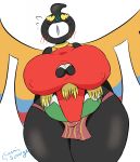  2018 anthro belly big_breasts big_thighs blush breasts clothed clothing cosmicscourge embarrassed fan_character female freckles monoeye nintendo nipple_bulge not_furry overweight overweight_female partially_clothed pok&eacute;mon pok&eacute;mon_(species) sigilyph simple_background slightly_chubby thick_thighs video_games voluptuous wide_hips wings 