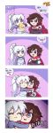  4koma :3 bkub_(style) comic commentary_request crossover ei_ei_okotta? english highres hug multiple_girls parody poptepipic punching ruby_rose rwby scar spideyhog weiss_schnee 