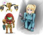  arm_cannon blonde_hair blue_eyes blush breasts earrings highres jewelry long_hair metroid mole ponytail power_armor power_suit samus_aran simple_background wakaba_(wata_ridley) weapon zero_suit 