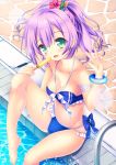  azur_lane barefoot bikini blue_bikini bracelet breasts food front-tie_top green_eyes highres javelin_(azur_lane) jewelry long_hair looking_at_viewer moyasi06_25 ponytail pool pool_ladder poolside popsicle purple_hair side-tie_bikini sitting small_breasts smile solo swimsuit water 