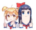  :3 ahoge anger_vein bangs blonde_hair blue_eyes blue_hair blush bow censored collarbone hair_between_eyes hair_bow long_hair looking_at_viewer middle_finger mosaic_censoring multiple_girls neckerchief newey no_nose pipimi poptepipic popuko red_bow school_uniform scrunchie serafuku short_hair short_twintails twintails upper_body yellow_eyes 