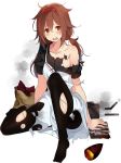  alternate_costume apron black_legwear breasts brown_eyes brown_hair collarbone full_body hair_flaps hairband kantai_collection kujou_ichiso long_skirt medium_breasts official_art open_mouth potato red_hairband remodel_(kantai_collection) shiratsuyu_(kantai_collection) short_hair skirt smoke torn_clothes transparent_background turret twintails 