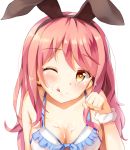  ;q animal_ears bangs bare_shoulders bikini blush breasts bunny_ears cleavage closed_mouth collarbone commentary_request eyebrows_visible_through_hair frilled_bikini frills hairband highres long_hair looking_at_viewer medium_breasts one_eye_closed original paw_pose pink_hair scrunchie simple_background smile solo suggestive_fluid swimsuit tongue tongue_out upper_body white_background white_bikini wrist_scrunchie yang423 yellow_eyes 