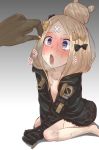  1girl :p abigail_williams_(fate/grand_order) bandaid_on_forehead bangs barefoot blonde_hair blue_eyes blush bow collarbone commentary_request drugged fate/grand_order fate_(series) feeding flat_chest hair_bow hair_bun heart heart-shaped_pupils jacket leafy_(kitsuneya) long_sleeves no_bra open_mouth parted_bangs pill saliva seiza sitting sleeves_past_wrists steaming_body sweat symbol-shaped_pupils tongue tongue_out unzipped 