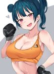  arm_up bangs bare_shoulders blue_hair boxing_gloves breasts cleavage eyebrows_visible_through_hair hair_bun hand_on_hip heart highres long_hair love_live! love_live!_sunshine!! navel open_mouth orange_sports_bra ponytail purple_eyes side_bun simple_background smile sports_bra sweat tem10 tooth tsushima_yoshiko two-tone_background upper_body 
