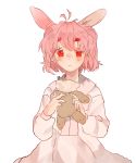  :&lt; animal_ears bangs blush closed_mouth commentary_request dress highres nose_blush pink_dress pink_hair red_eyes short_hair simple_background solo stuffed_animal stuffed_toy teddy_bear twice12314 white_background 