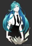  ahoge alexandrite_(houseki_no_kuni) androgynous blue_eyes blue_hair colored_eyelashes crystal_hair dark_background dated eyes_visible_through_hair frown gem_uniform_(houseki_no_kuni) highres houseki_no_kuni long_hair looking_at_viewer necktie paper solo suspenders thick_eyebrows 