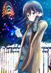  :3 black_hair blue_sky blush brown_coat coat cup ferris_wheel green_eyes hand_up highres holding holding_cup jewelry long_hair necklace night night_sky original outdoors railing ribbed_sweater sky snow solo standing steam sweater tsuyunominaduki 