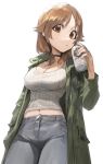  :/ bangs black_choker breasts brown_eyes brown_hair can choker cleavage coat commentary cowboy_shot denim eyebrows_visible_through_hair fingernails from_below green_coat hand_in_pocket highres holding holding_can idolmaster idolmaster_cinderella_girls jeans katagiri_sanae large_breasts long_sleeves looking_at_viewer looking_to_the_side low-cut low_twintails medium_hair midriff mossi navel pants ribbed_sweater simple_background sketch solo sweater twintails white_background 