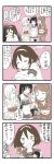  4koma :d alternate_costume alternate_hairstyle asymmetrical_legwear bag blush breasts candy closed_eyes collarbone comic commentary crying crying_with_eyes_open double_bun eyebrows_visible_through_hair fingernails flower food hair_between_eyes hair_flower hair_ornament hair_over_one_eye hair_scrunchie hairband hairclip hamakaze_(kantai_collection) hands_on_hips highres holding holding_bag isokaze_(kantai_collection) japanese_clothes kantai_collection kappougi kimono leg_hug long_hair mocchi_(mocchichani) monochrome multiple_girls obi open_mouth parted_lips plastic_bag pleated_skirt ponytail sailor_collar sash school_uniform scrunchie serafuku short_hair single_thighhigh sitting skirt smile speech_bubble spot_color tanikaze_(kantai_collection) tears thighhighs translated urakaze_(kantai_collection) yukata 