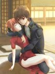  1girl black_jacket black_pants brown_hair china_dress chinese_clothes closed_eyes day dress gintama grey_neckwear hair_bun indoors jacket kagura_(gintama) kneeling nammy okita_sougo open_clothes open_jacket pants parted_lips red_dress red_eyes short_hair short_sleeves side_slit 