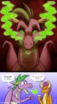  2018 coughing dragon english_text fangs female friendship_is_magic green_eyes inuhoshi-to-darkpen male my_little_pony sharp_teeth smoke smolder_(mlp) spike_(mlp) teeth text 