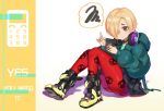  blonde_hair cellphone choker headphones idolmaster idolmaster_cinderella_girls idolmaster_cinderella_girls_starlight_stage pantyhose phone print_legwear red_legwear shirasaka_koume sitting sk_tori skull_print solo 