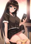  1girl blue_eyes blush cellphone classroom condessa cum cum_in_clothes erection erection_under_clothes futanari phone school_uniform skirt smartphone solo sweat tagme 