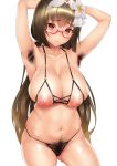  armpit_hair armpits arms_behind_head arms_up bangs bare_shoulders blush bra breasts brown_hair collarbone commentary_request crotchless_panties cupless_bra excessive_pubic_hair fate/grand_order fate_(series) flower glasses hair_flower hair_ornament hairband heart heart-shaped_pupils hips large_breasts long_hair looking_at_viewer low_twintails navel nipples osakabe-hime_(fate/grand_order) panties parted_lips pubic_hair purple_eyes red-framed_eyewear semi-rimless_eyewear simple_background smile solo symbol-shaped_pupils takeda_seiji thighs twintails underwear very_long_hair white_background 