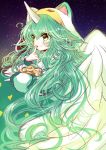  1girl alternate_costume alternate_hair_color alternate_hairstyle fluffy_ears food green_eyes green_hair league_of_legends lulu_(league_of_legends) magical_girl pajamas pointy_ears soraka star_guardian_soraka wings 