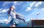  :d absurdres blue_bow blue_skirt blue_sky blush bow breasts cloud commentary_request day grey_hair hair_between_eyes hand_up highres irozuku_sekai_no_ashita_kara lazy_guang_guang long_hair looking_at_viewer medium_breasts open_mouth outdoors paper_airplane railing school_uniform shirt short_sleeves silver_hair skirt sky smile solo standing tsukishiro_hitomi very_long_hair white_shirt 