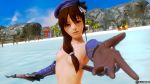  1girl 3d beach breasts brown_hair gintama gun honey_select illusion illusion_soft looking_at_viewer mutsu_(gintama) navel nipples nude sea small_breasts smile weapon 