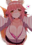  animal_ears blush bra bra_peek breasts casual cleavage collarbone commentary_request eyebrows_visible_through_hair fate_(series) fox_ears half-closed_eyes han_(jackpot) heart hood hoodie incoming_hug large_breasts leaning_forward long_sleeves open_clothes outstretched_arms pink_bra pov skirt smile solo tamamo_(fate)_(all) tamamo_no_mae_(fate) thought_bubble underwear yellow_eyes 