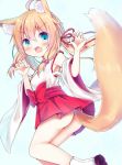  :d ahoge animal_ear_fluff animal_ears ass bangs blonde_hair blue_background blue_eyes blush bow breasts brown_footwear claw_pose commentary_request esureki eyebrows_visible_through_hair fang fox_ears fox_girl fox_tail hair_between_eyes hair_bobbles hair_ornament hair_ribbon hakama hakama_skirt hands_up japanese_clothes kimono long_hair looking_at_viewer low_twintails open_mouth original red_bow red_hakama red_ribbon ribbon shoe_soles short_kimono sidelocks small_breasts smile solo table tail twintails v-shaped_eyebrows white_kimono white_legwear 