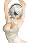  armpits arms_up blindfold breasts cleavage cleavage_cutout commentary_request covered_nipples hairband leotard mole mole_under_mouth nier_(series) nier_automata nipples see-through watanabe_yasuaki white_hair yorha_no._2_type_b 