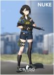  armor assault_rifle asymmetrical_legwear black_hair black_legwear blue_eyes boots commentary_request counter_strike:global_offensive fbi gun highres m4_carbine nuclear_weapon rifle short_hair shorts thighhighs weapon yurix 