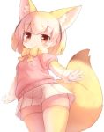  animal_ears blonde_hair blush bow bowtie breast_pocket breasts commentary elbow_gloves extra_ears eyebrows_visible_through_hair fennec_(kemono_friends) fox_ears fox_tail fur_trim gloves kemono_friends light_smile matsuu_(akiomoi) multicolored_hair pink_sweater pleated_skirt pocket simple_background skirt small_breasts solo standing sweater tail tareme thighhighs white_background white_hair white_skirt yellow_legwear yellow_neckwear zettai_ryouiki 