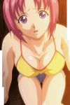  1girl breasts helter_skelter highres kagami_haruka large_breasts looking_at_viewer pink_hair pov purple_eyes scared screencap short_hair shorts stitched sweat third-party_edit 