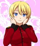  1girl absurdres bangs beni_(bluebluesky) blonde_hair blue_eyes blush braid closed_mouth commentary darjeeling epaulettes eyebrows_visible_through_hair girls_und_panzer hands_on_own_face highres jacket long_sleeves looking_at_viewer military military_uniform purple_background red_jacket short_hair smile solo st._gloriana&#039;s_military_uniform tied_hair twin_braids uniform upper_body 